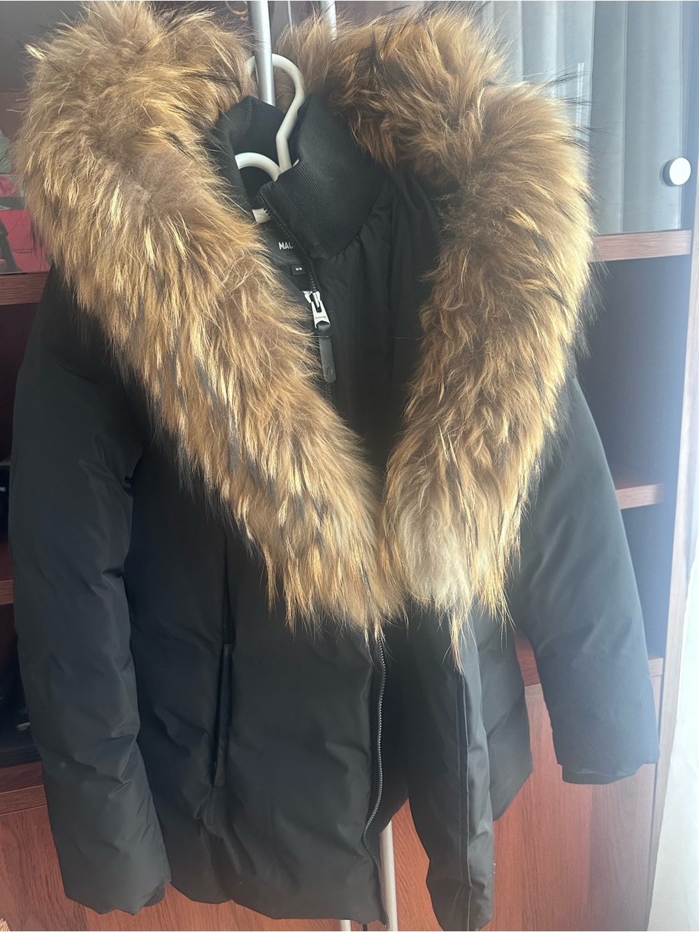 Mackage Black Puffer Jacket with Brown Faux-Fur Hood Trim